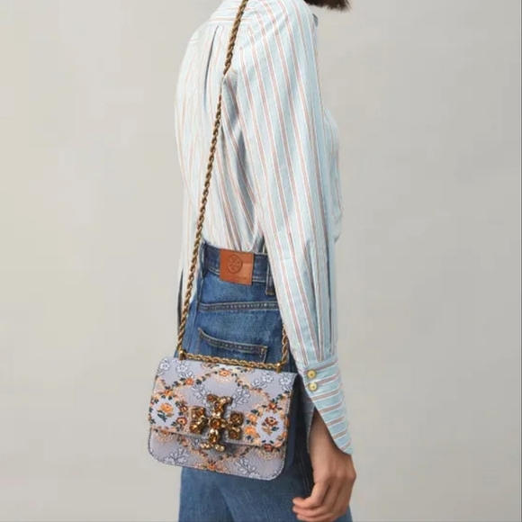 NEW TORY BURCH ELEANOR SHOULDER CROSSBODY BAG SEA FROST FLORAL JEWELED PURSE - Picture 6 of 16